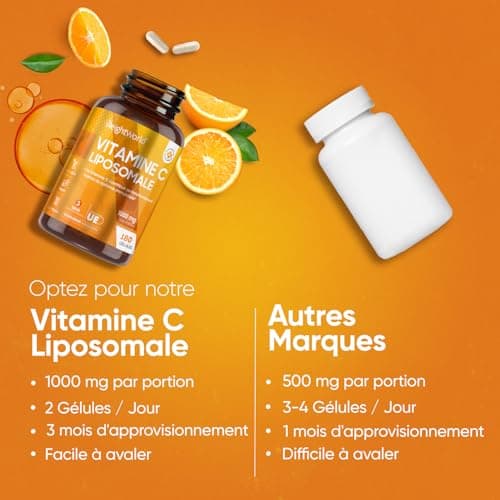 Vitamine C Liposomale 1000mg - 180 Gélules Vegan (3 mois) - Antioxydant, Anti Fatigue, Immunité Adulte, Vitamine C Gélules, Acide Ascorbique Haute Absorption avec Extrait d'Églantier (Cynorrhodon)
