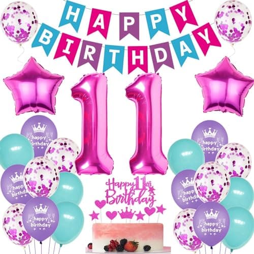 Ballons anniversaire 11 Rose,Ballon 11 ans anniversaire fille,Décoration anniversaire 11 Rose,Ballon 11 ans anniversaire Rose,Décoration fête 11 ans fille,11 ans Topper de Gâteau Rose