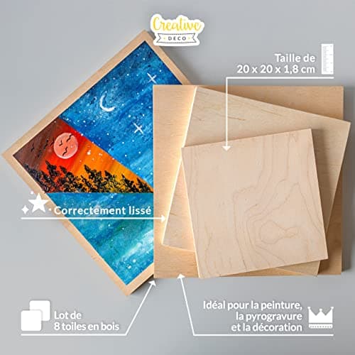 Creative Deco 8 x Toile Peinture en Bois | 20 x 20 cm | Toile a Peindre | Gouache, Aquarelle, Peinture Acrylique | Planche Bois | Tableau Peinture | Planche Bois Brut | Panneau Bois