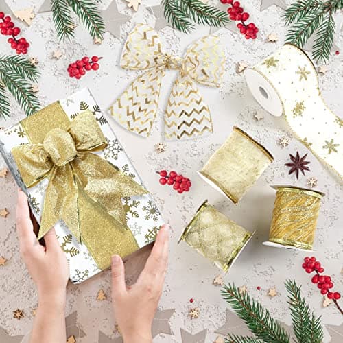 LIHAO 6 Rouleaux de Ruban de Noël, Runban de Soie Pailleté pour Décoration de Sapin de Noël, Fête de Mariage, Emballage de Cadeau (600×6.5CM, 6 Motifs)