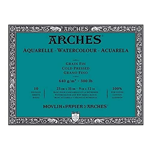 ARCHES Aquarelle - Bloc 10 feuilles 23x31 collé 4 côtés - 640g/m2 - grain satiné, blanc naturel, 4 bords francs
