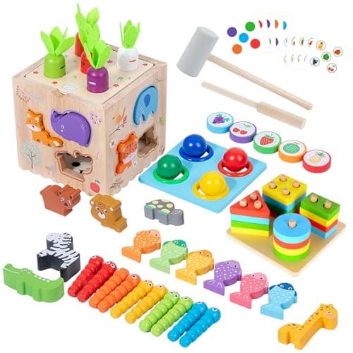 Jeux Montessori 1 an, 8 en 1 Jouet Bebe 1 an-4 ans, Jouet Enfant 2 ans Jouet Montessori, Cadeau Enfant 1 an, Jouet en Bois, Noël Pâques Cadeaux d'anniversaire, Jouet en Bois de Ferme et de Pâturage