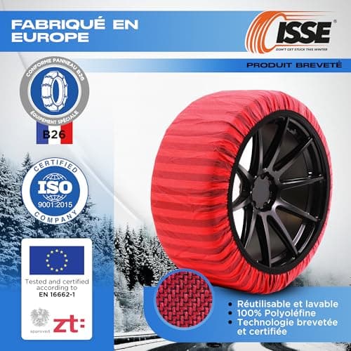 ISSE Chaussettes Neige T-70 | Textiles Homologuées et Haute Sécurité – Kit de 2 Chausettes pour Voitures + Gants, Rouge/Noire