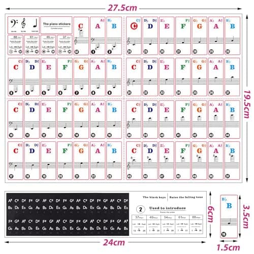 XPOOP Autocollants de Piano Autocollants de Piano ou de Clavier Colorés pour Claviers 88/61/49/37 Amovibles Autocollants de Clavier de Piano Touches Note Autocollant pour Touches Noires et Blanches