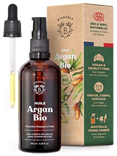 Bionoble Huile d'Argan Bio 100ml + Pipette et Pompe - Bouteille en Verre - 100% Pure, Naturelle, Pressée à Froid - Huile Argan Cheveux Visage Corps - Pure Organic Argan Oil, Huile dArgan Cheveux