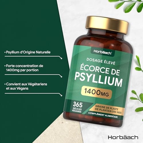 Psyllium Blond Gelules 1400 mg | 365 Psyllium Gelules Vegan | 6 Mois | Fibre de Psyllium Husk Haute Dosage | Prébiotique naturel | par Horbaach
