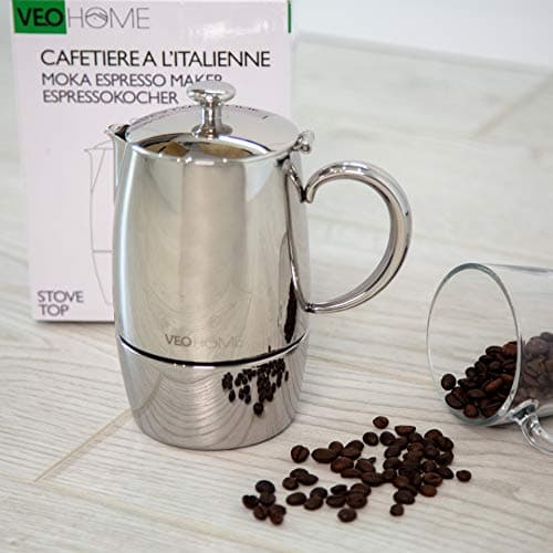 VeoHome Cafetière Italienne inox 6 Tasses 300 ML – Cafetière Moka Induction, Gaz, Céramique Style Expresso – Incassable, Sûre et Lavable au Lave-Vaisselle...