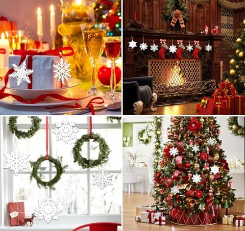 ilauke 24 Flocons de Neige en Bois Blanc,6 Designs Décoration de Sapin de Noël en Bois,Artisanat en Bois de Flocon 7x8cm,Décoration d'hiver Noël Bricolage,Bois Arbre de Noël Ornements pour Décoration