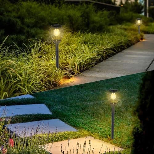 Amzxart Lampes solaires pour jardin extérieur,4 pcs lampes solaires pour extérieur,IP65 lampes solaires étanches pour jardin,lumière solaire blanc chaud pour jardins, pelouses, allées (auto on/off)