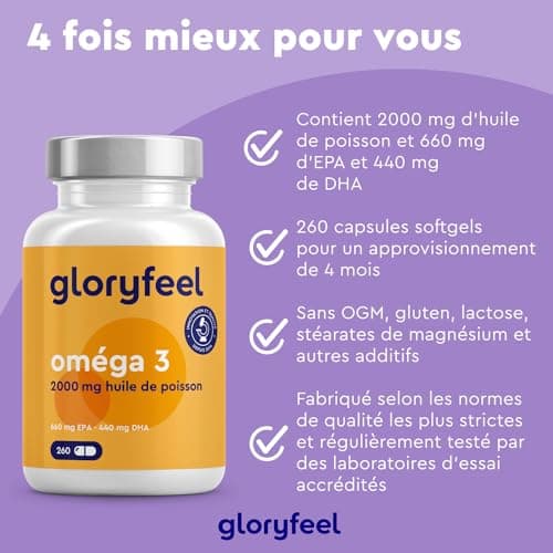 Oméga 3 2000mg Huile de Poissons Sauvages, 260 Gélules, Fortement Dosé avec 660mg EPA et 440mg DHA, Contribue à une Fonction Cardiaque et Cérébrale Normale*, Complément Alimentaire, Sans Additifs