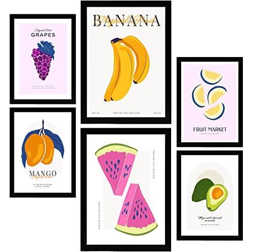 Nacnic Ensemble de 6 affiches sur l'alimentation et la nutrition. Fruits d'été. Affiches nature et nutrition pour l'aménagement intérieur et la décoration. Tamaños A3 & A4, marco negro.