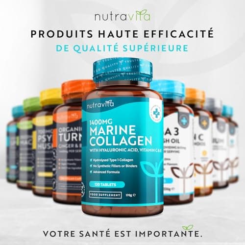 Collagene Marin + Acide Hyaluronique 1400mg avec Vitamine C Vitamine E Biotine Zinc et Cuivre - 120 Comprimés pour 2 Mois, Collagene et Acide Hyaluronique pour Hydratation de la Peau - Nutravita