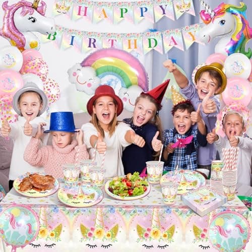 YEJIKJ Arc-en-ciel Ballon Licorne Decoration Fille, Vaisselle fête Kit Assiettes Gobelets Licorne Ballon, Decoration Anniversaire Licorne Kit pour Party Fête Anniversaire Fête Décorations (16 Invités