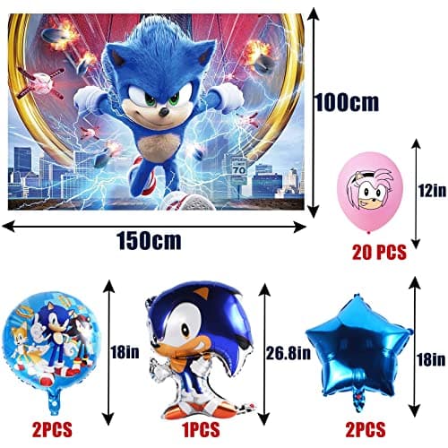 Forhome Sonic Décoration de Fête, 26 PCS Sonic Party Décorations Anniversaire Kit,sonic Photographie Décoration 150 * 100cm,Sonic The Hedgehog Ballon pour Enfants Décorations de Fête