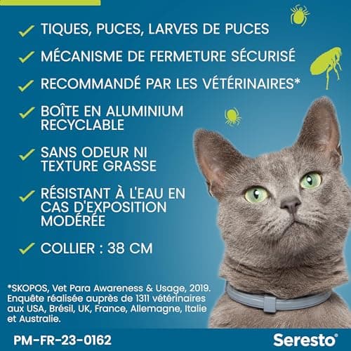 Seresto Collier Chats – Collier anti puces et anti tiques pour chat – Collier Seresto pour chat avec protection longue durée de 7 à 8 mois – Gris