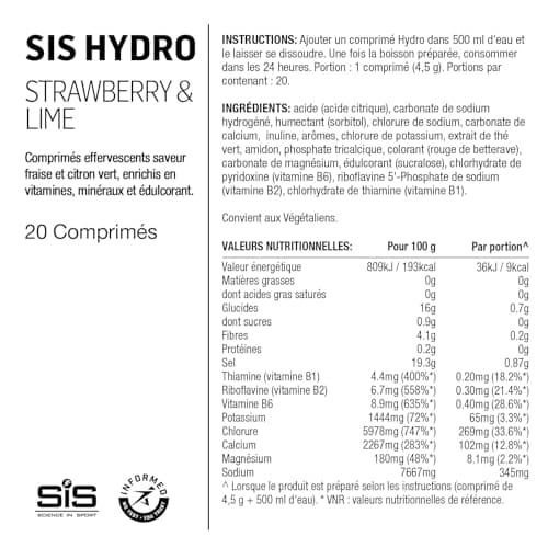 Science in Sport Hydro Tablettes 20 pièces Fraise-Lime - Tablettes d'Électrolytes, Vegan & sans gluten, Avec minéraux et vitamines pour un équilibre électrolytique et hydrique
