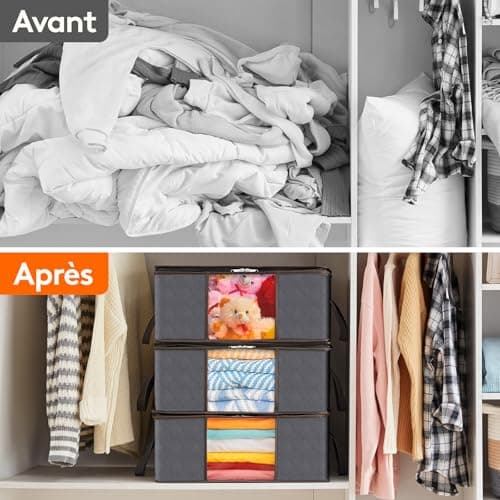 Lifewit Lot de 3 Sac de Rangement Vetement 35L, Boîte de Rangement sous lit Pliable, Housse Rangement Couette Organisateur de Placard, Fenêtre Transparente en Tissu Solide pour Les Vêtements, Gris