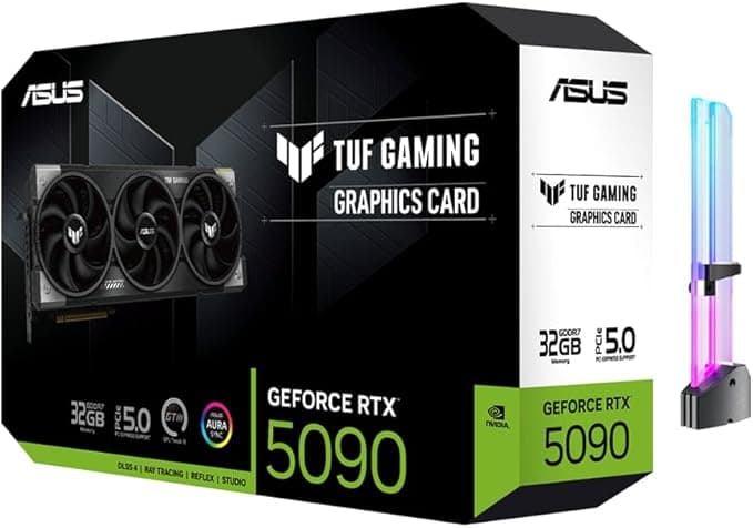 ASUS TUF Gaming GeForce RTX 5090 GPU triple ventilateur, 32 Go GDDR7, 3352 AI Tops, 28 Gbit/s, 512 bits, DLSS 4, création de contenu AI, inférence LLM locale, DP 2.1b x3, HDMI 2.1b x2, avec support