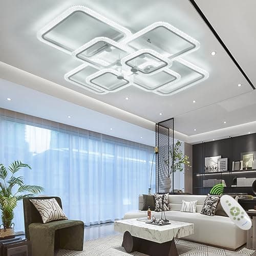 HIHIHOMY Plafonnier Moderne De 41,3 Pouces Lampe Salon Plafond En Cristal Pour Plafond De Salon, Cadre En Cristal Blanc 8 Carrés, Plafonnier Led Moderne Dimmable, Luminaire Plafonnier Led Metal