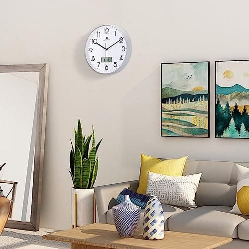 Lafocuse Horloge Murale Calendrier LCD avec Date Thermomètre, Moderne Silencieuse Pendule Murale Argent, Quartz sans Tic-tac Déco pour Salon Chambre Bureau Cuisine 30cm