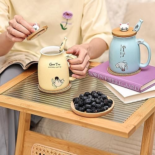 DONGSHANGIFT Set de 2 Tasse à thé et café en forme de chat en céramique avec couvercle Kawaii Mugs mignons pour femmes 500ml Noël Anniversaire cadeau (Bleu et rose)