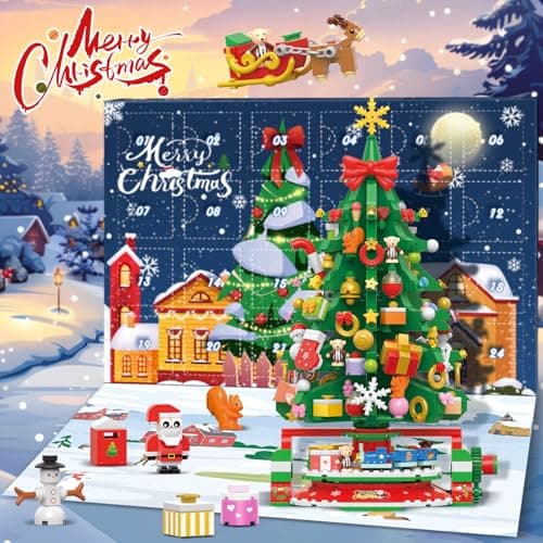 HOGOKIDS Calendrier de l'Avent 2024 Mini-arbre de Noël rotatif avec lumière LED, compte à rebours de Noël de 24 jours, blocs de construction, cadeau de Noël pour adultes et enfants de 8 ans et plus