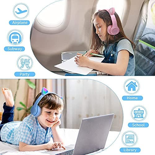 Casque pour Enfants sans FI, Megadream Casque Cat Pliable avec LED Flash Lumières Glow pour Enfants 8+, 3.5mm Jack, SD Carte Slot pour PC, Tablette, Smart Phone (Rose)