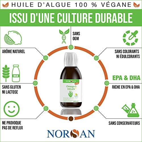 NORSAN Premium omega 3 vegan huile d'algues 100 ml / 2000mg oméga 3 par dose journalière / omega3 végétalien avec EPA & DHA/vegan omega 3 algues