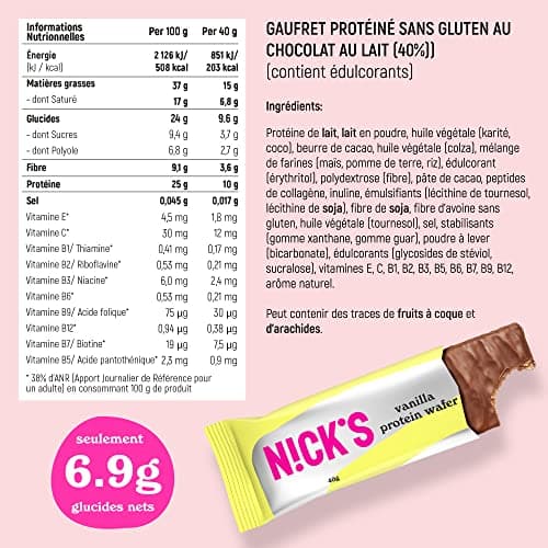 NICKS Barre protéinée Sans Sucres Ajoutés, Gaufrettes proteinées, Biscuits Sans Sucres Ajoutés Lowcarb, Sans Gluten | 25% de protéines | 203 calories | Vanille, 40 g X 24