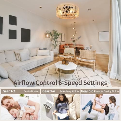 FIMEI Ventilateurs de plafond avec lumières et télécommande, 6 vitesses réversibles, 19'' ventilateur en corde de chanvre tissée à la main, éclairage pour salon, minuterie, 11W lumière, 20W DC Moteur