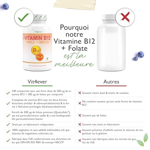 Vitamine B12-240 comprimés pour 8 mois - 500μg Vit B12 + acide folique 200μg par jour - Méthylcobalamine, adénosylcobalamine & hydroxocobalamine B12 + acide folique bioactif Quatrefolic®