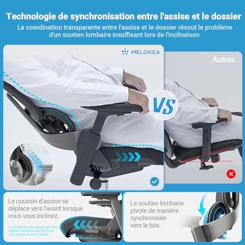MELOKEA Fauteuil Bureau Ergonomique 200Kg Confortable, Chaise Bureau avec Soutien Lombaire Dynamique, Accoudoirs 4D, Réglable en Hauteur, Profondeur D'assise Ajustable, en 1335, Siege Bureau