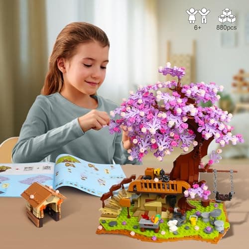 Jouet de construction pour la maison de l'arbre des cerisiers en fleurs avec lumière LED, 880pcs Bonsaï de fleurs de cerisier Jeu de construction de maison en fleurs pour les enfants de 6 à 12 ans