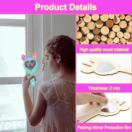 Lot de 12Kits Bricolage Miroir Kits,Licorne Artisanat en Bois à Peindre- Miroir en bois à peindre - Pour enfants - Cadeau de Fête - Kit de Bricolage en Bois Pour Enfants