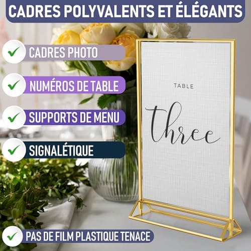Dasher Products Cadres Photos Dorés Double Face - Pack de 6 - Porte-numéros de table dorés en acrylique, chevalets de table transparents pour affiche, porte-menus, cadres photos (A4)