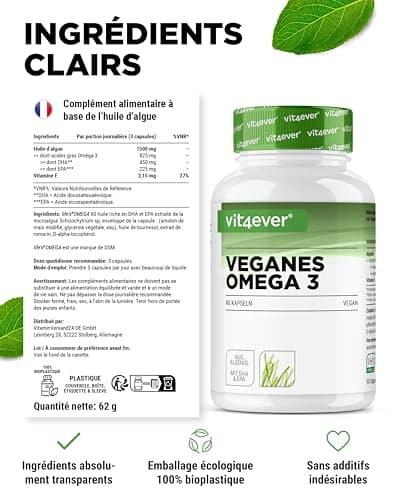 Oméga 3 Vegan - Premium : life'sTMOMEGA avec DHA & EPA d'huile d'algues sous forme de triglycérides - Faible en substances nocives - Dosage extra élevé - 90 capsules