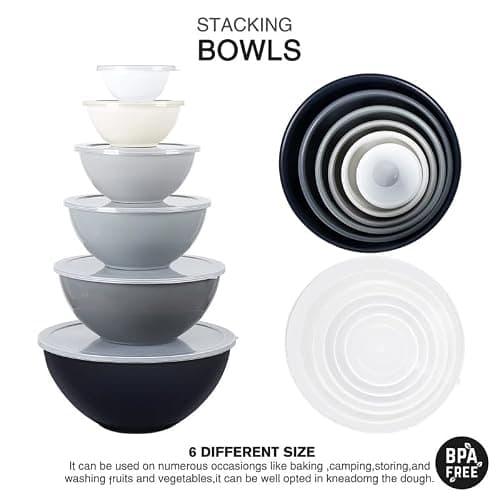 Greentainer Lot de 12 bols mélangeurs colorés en plastique avec couvercles, bols gigognes avec couvercles, 6 bols de préparation et 6 couvercles, passent au micro-ondes et au congélateur(Gris)