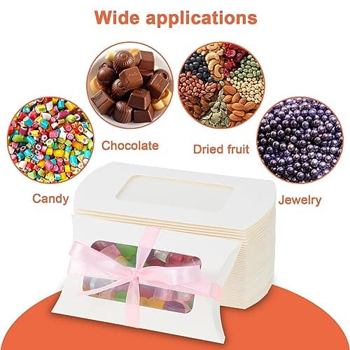 HSEAMALL Lot de 50 boîtes à dragées de mariage, boîte cadeau avec ruban pour décoration de fête de mariage, d'anniversaire (boîte à bonbons blanche avec fenêtre transparente)