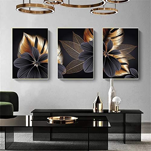 OYFFL Noir Feuille d'or Toile Peinture Plante Affiche Impression Moderne décor à la Maison Abstrait Mur Art Peinture Nordique Salon décoration Photo (3,20 * 30cm sans Cadre)