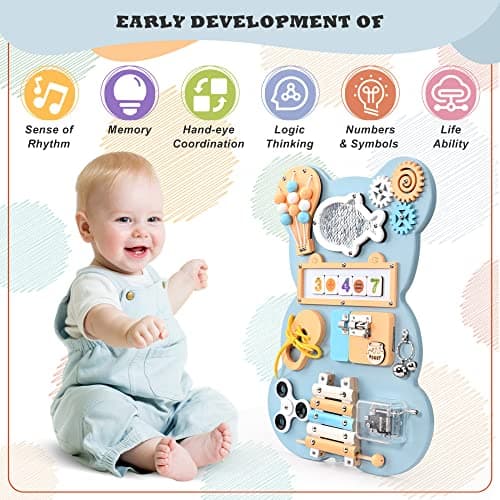 Yontwe Tableau occupé Montessori Plateau de Jeu sensoriel Apprentissage de la motricité Fine Planches d'activités sensorielles en Bois Faites à la Main Jouet d'éducation précoce 1-6 Ans