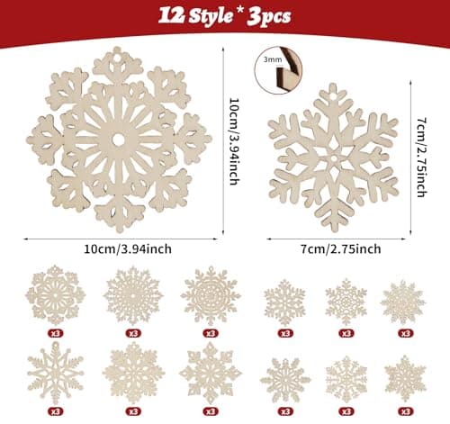 ilauke 36Pcs Bois Arbre de Noël Ornements avec Boîte en Bois,7cm/10cm Ornements de Flocon de Neige à Suspendre en Bois,3mm Pendentifs Rustiques Artisanat en Bois de Flocon pour Noël Mariage Fête