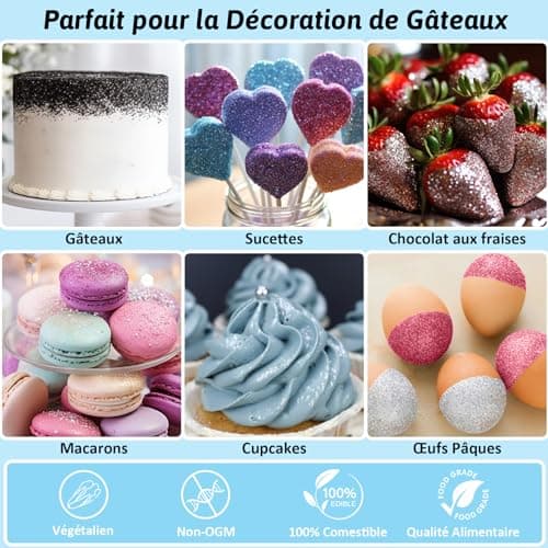 Paillettes Alimentaires Comestibles, 3x4g Colorant Alimentaire Poudre Cocktail Boissons Pour Decoration Gateau, Liqueur, Vin, Champagne, Halloween-Argent, Noir, Rose