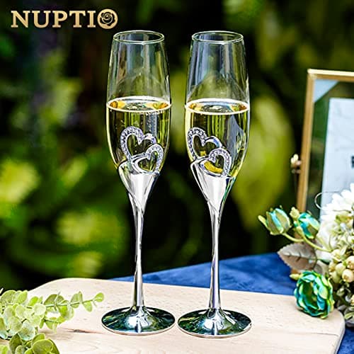 NUPTIO Flûtes à Champagne Mariage: Flûte à Champagne Personnalisée Coffret Cadeau en Bois Cristal Prosecco Verre Ensemble de 2, Ensemble Cadeau Argent Toast Anniversaire Fête Nuptiale Douches