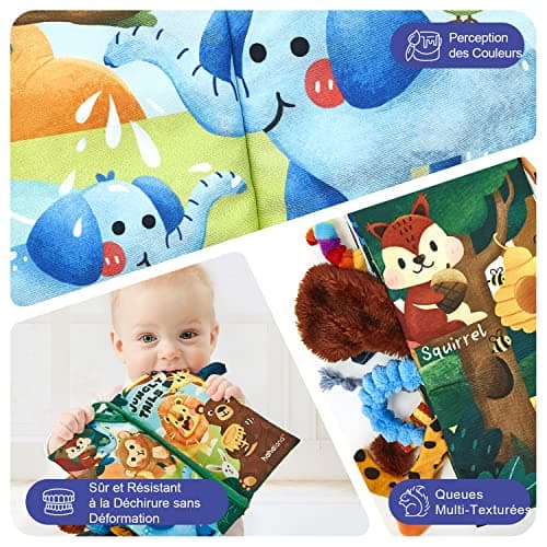 hahaland Livre Tissu Bébé Eveil 0 3 Mois Jouet Suspendre pour Bébé 0-3 6 Mois Livre Doux Froissé avec des Animaux de la Jungle Cadeau de Naissance pour Tout-Petit Garçon Fille
