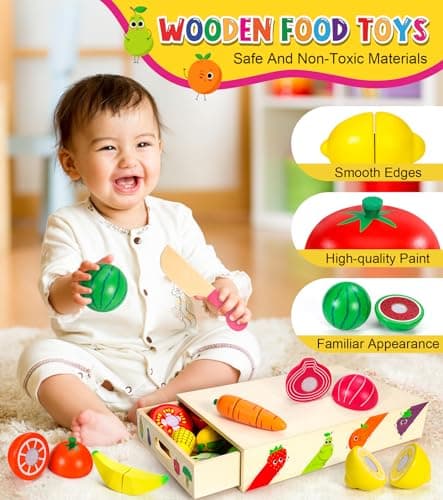 Subtail Dinette Enfant 2 3 Ans - Fruit et Legumes Jeux Enfant - Ustensile Cuisine en Bois Enfant - Legumes Jouet Enfant - Fruits en Bois à DéCouper - Jouet Enfant 2 3 Ans Cadeau pour Les Enfants