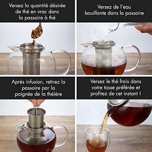 GLASWERK théière en verre avec chauffe-théière - (1,3L) Théière avec infuseur thé infuseur thé inox élégante poignée en bois, avec passoire en acier inoxydable, théière en verre avec infuseur