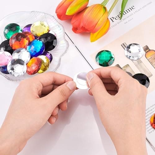 FINGERINSPIRE 48Pcs 30mm Dos Plat Rond Strass Acrylique en Plastique Auto-Adhésif Cercle Gemmes Coller sur des Bijoux (8 Couleurs Mixtes) pour la Fabrication de Costumes Cosplay