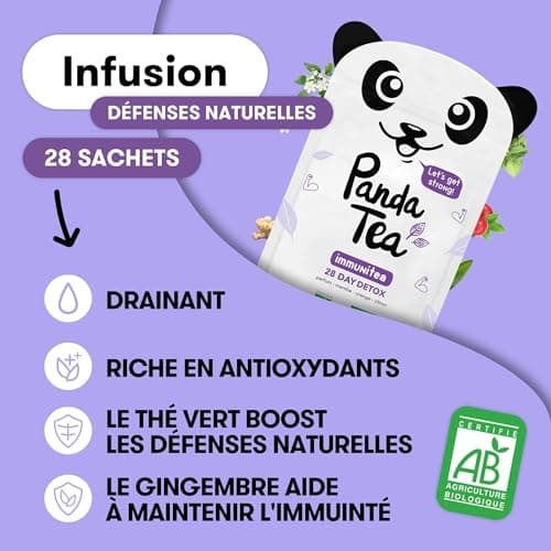 Panda Tea Thé Vert Immunitea | 28 Sachets Coton Bio | Renforce Défenses Naturelles | Gingembre, Menthe Poivrée, Sauge,Eucalyptus | Thé Défense Naturelle