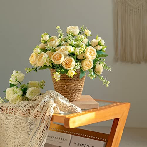 Hobyhoon Lot de 4 Bouquets de pivoines artificielles pour décoration de Vase, Mariage, décoration d'intérieur (Beige)