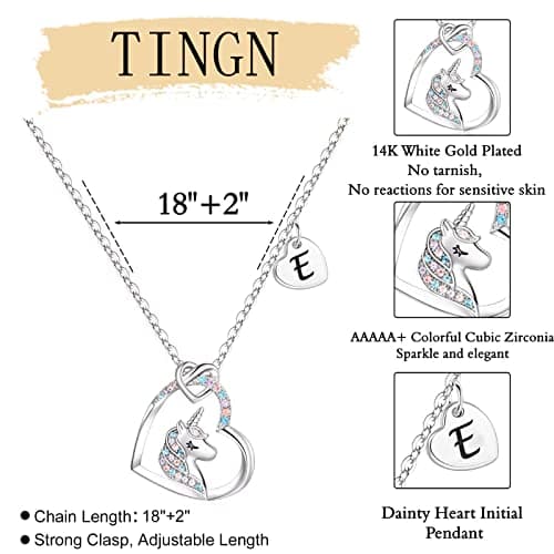 TINGN Collier de Cadeau de Licorne de Coeur pour des Fille, Collier de Licorne de Coeur Plaquée par Or Blanc 14K avec la Lettre E Cadeaux de Licorne Collier pour la Petite Fille Filles Bijoux
